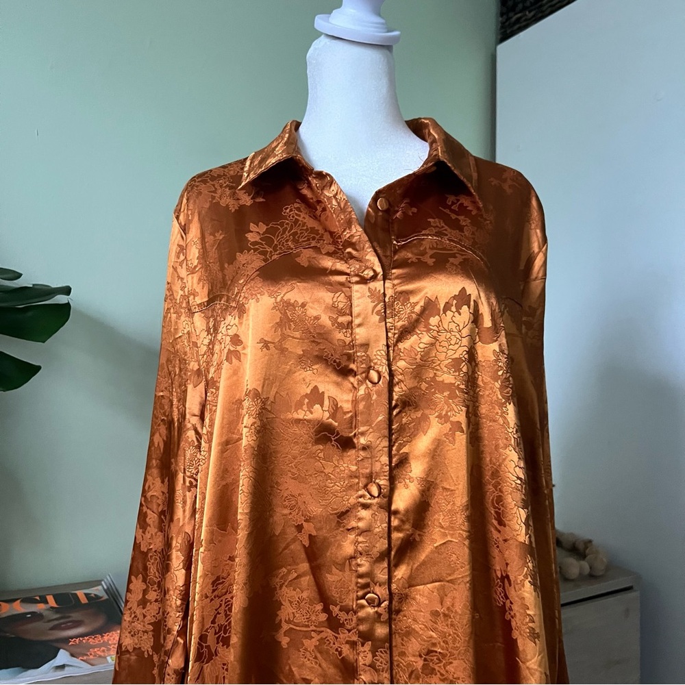 Metallic Copper Orange Floral Modest Long-Sleeve Button Down Shirt Flowy Dress - Picture 3 of 16